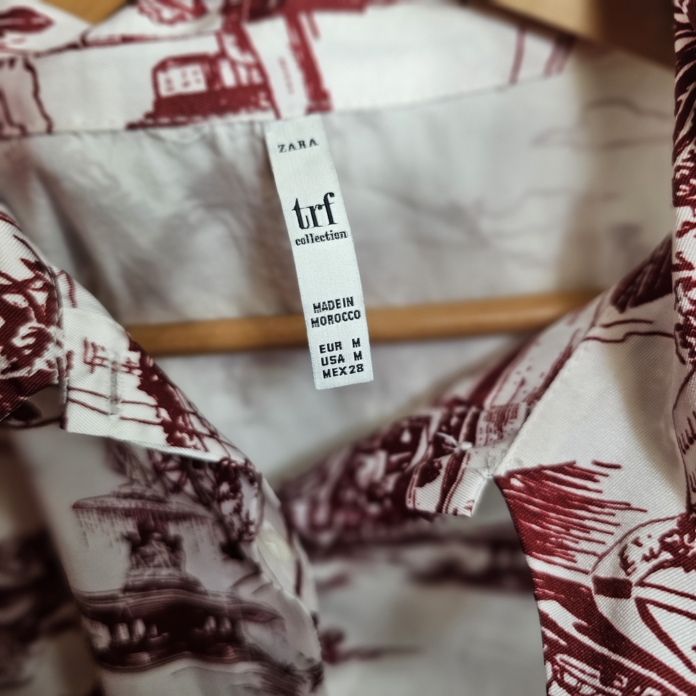 Zara Women’s White Red Toile Scenic Print Button-Down Blouse Size M Chic Classic - Picture 7 of 11